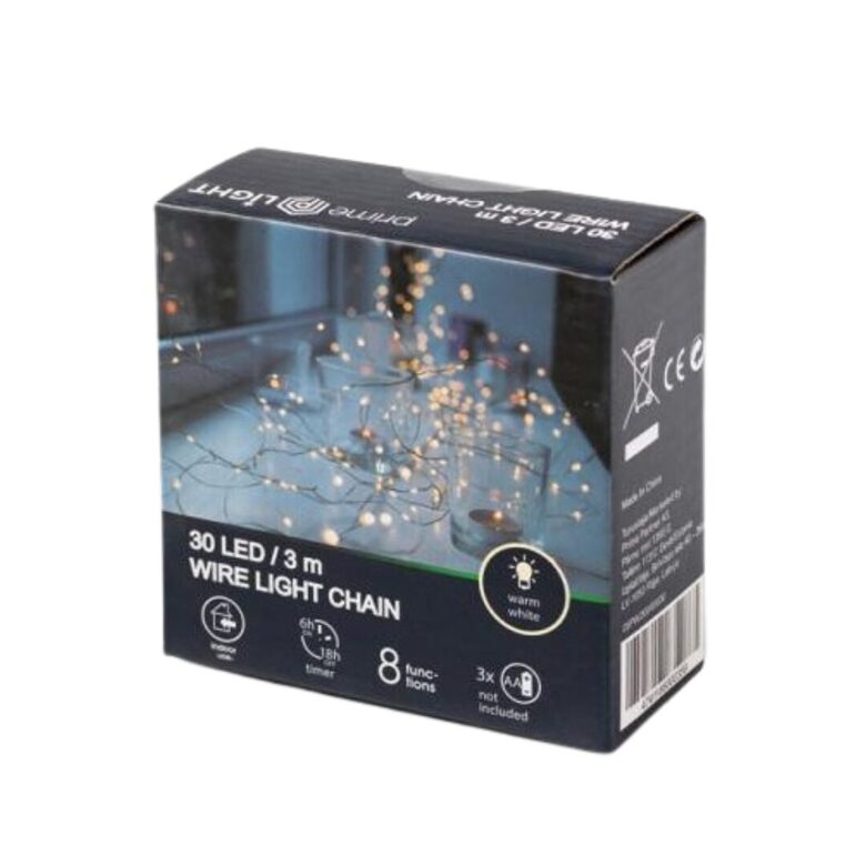 PRIME LIGHT lampiņu virtene 30 LED, 3m, silti balta, uz baterijām, 8 režīmi + taimeris