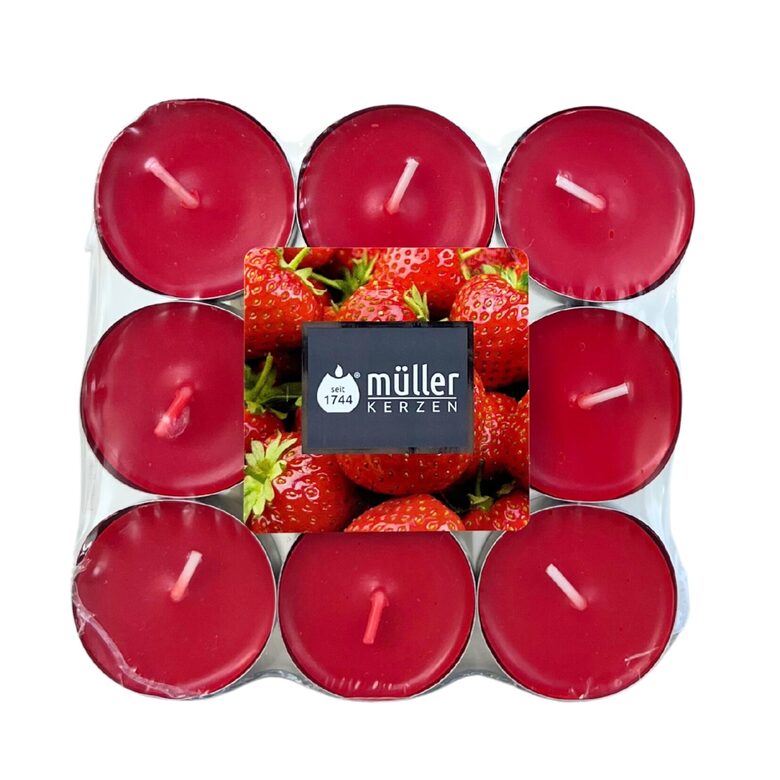 MULLER aromātiskās tējas sveces 18gab, +/-4h, zemenes
