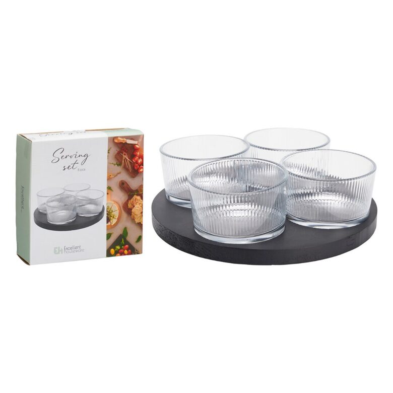SNACKY stikla servēšanas bļodiņas 4gab + priedes pamatne d23cm x h 1.5cm