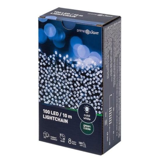 PRIME LIGHT  lampiņu virtene 100 LED, 10m, auksti balta/zila, 8 funkcijas + taimeris