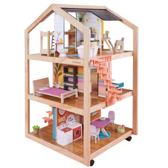 KID KRAFT koka rotaļu leļļu māja  3 līmeņos (ar 42 dažādiem aksesuāriem) 68x74x114cm, der lellēm līdz 30cm