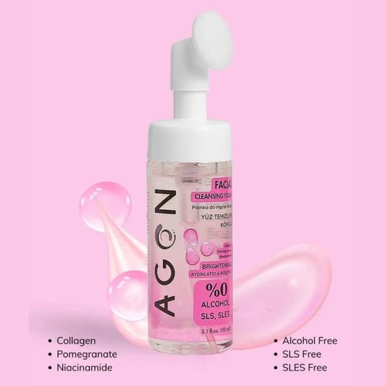 AGON ādu izgaismojošs un ādas toni izlīdzinošs sejas tīrīšanas līdzeklis ar kolagēnu un niacinamīdu, 150ml, ar maigu silikona birstīti
