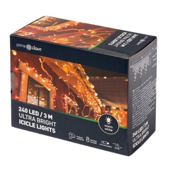 PRIME LIGHT vertikālās lampiņu virtenes 240LED, 3m, silti balta,  8 režīmi + taimeris