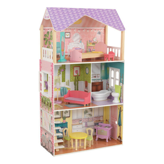 KID KRAFT koka rotaļu leļļu māja  3 līmeņos (ar 11 dažādiem aksesuāriem) 63x33x111cm, der lellēm līdz 30cm