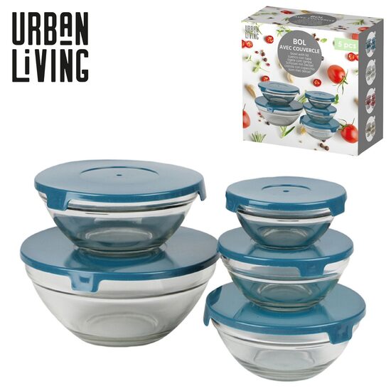 URBAN LIVING stikla bļodu komplekts ar vākiem, 5gab, zils
