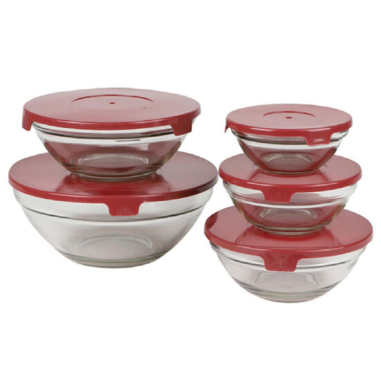 URBAN LIVING stikla bļodu komplekts ar vākiem, 5gab, sarkans