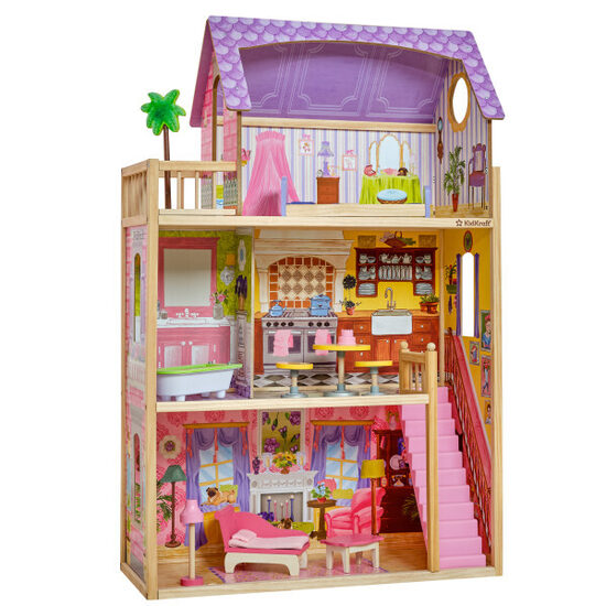KID KRAFT koka rotaļu leļļu māja  3 līmeņos (ar 10 dažādiem aksesuāriem) 34x73x115cm, der lellēm līdz 30cm